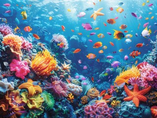 Vibrant coral reef teeming with colorful fish and starfish, showcasing the beauty of underwater life.