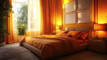 Cozy orange bedroom with soft orange bedding, orange curtains, and warm lighting for a serene atmosphere.