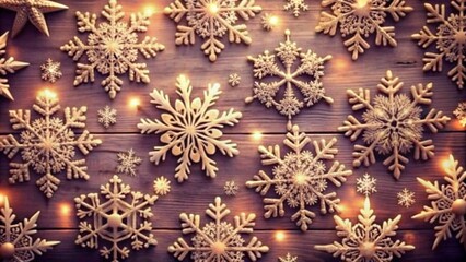 Wooden snowflakes with warm lights on wooden background for Christmas decoration