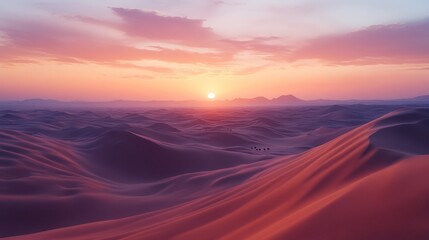 rolling sand dunes , with a caravan of camels moving across the distant horizon, the sky painted with soft pinks and oranges at sunset