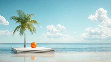 Obraz premium A single palm tree and an orange fruit on a white platform in the ocean.