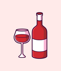 Cartoon Vector Illustration of a Wine Bottle and Glass on a Soft Pink Background, Perfect for Beverage and Celebration Themes