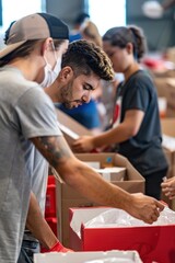 A group of volunteers packing emergency relief kits, their faces showing a mix of urgency and compassion as they prepare for disaster response.