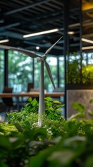 Miniature wind turbine amidst lush green plants in modern office. Sustainable energy and eco-friendly design concept