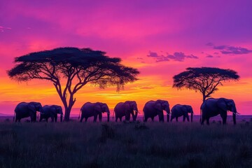 Fototapeta premium majestic herd of elephants silhouetted against a vibrant orange and purple sunset sky african savanna landscape with acacia trees in the background capturing the essence of wild nature