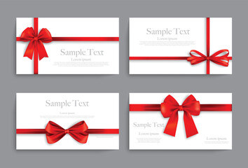Set of red ribbon bows with white greeting cards on gray background. Illustrations and vectors