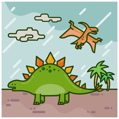 恐竜のステゴザウルス、プテラノドンのイラスト