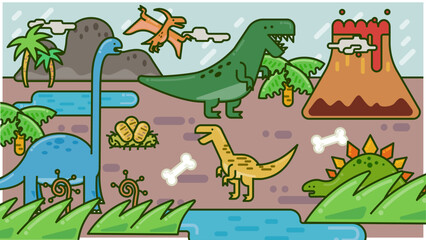 恐竜のティラノサウルス、ヴェロキラプトル、ブラキオサウルス、ステゴザウルス、プテラノドンのイラスト © ribitts