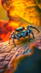 Jumping spider on colorful leaf, macro photography. Nature and wildlife concept
