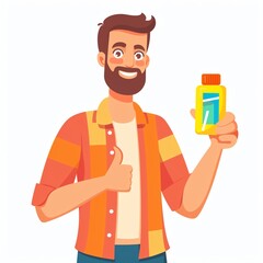 Man holding toothpaste showing thumbs up, promoting dental hygiene, oral care product advertisement.