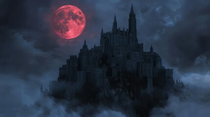 Dark Castle on a Hilltop with a Red Moon