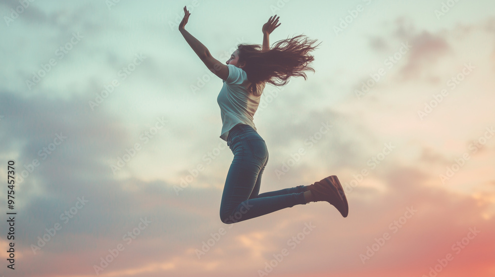 Wall mural Woman jumping against sunset sky with joy