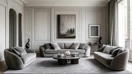 Elegant grey living room with soft grey sofas, a grey rug, and neutral decor tones.