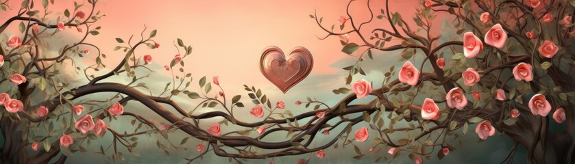 A heart made of intertwined vines and blooming roses on an old garden wall in this lush illustration