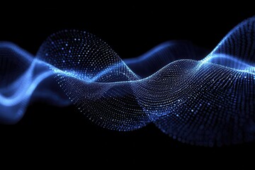 Abstract blue wave with glowing particles on a black background, representing sound, technology, and modern digital themes.