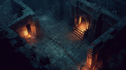 Fototapeta premium Dark Dungeon Entrance with Chains and Fire