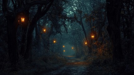 Dark Forest Path with Glowing Lanterns