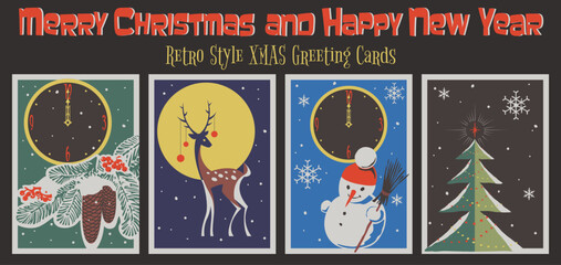 Merry Christmas and Happy New Year. Retro Style Greeting Cards. 1950s - 1960s Style Christmas Illustrations, XMAS Decorations, Spruce Branch, Fir Cones, Snowman, Reindeer, Wall Clock, Snowflakes