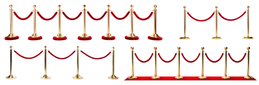Set of stanchions with red velvet ropes, cut out