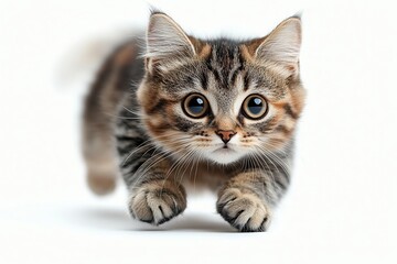 Obraz premium playful domestic cat midpounce captured in highspeed photography against a pure white background showcasing feline agility and grace