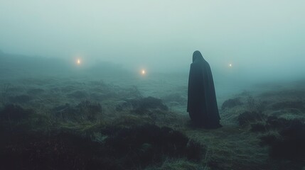 Mysterious Figure in Foggy Landscape with Lights
