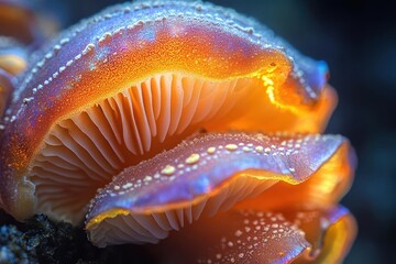 psychedelic closeup of iridescent mushroom cap swirling rainbow hues mystical and otherworldly botanical macro