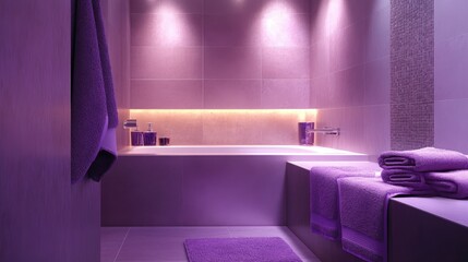 Elegant purple bathroom with soft purple tiles, towels, and sleek lighting fixtures.