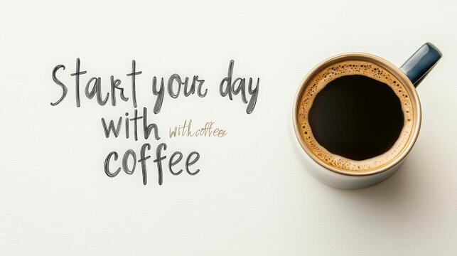 A hand-lettered quote 'Start your day with coffee' alongside a top view of a steaming cup of black coffee, set in a minimalist design with soft, warm tones on a light background.