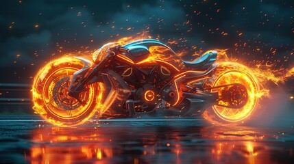 fiery modern motorcycle, fire speed wheels going very fast on black background