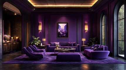 Elegant purple living room with purple walls, furniture, and soft lighting for a luxurious ambiance.