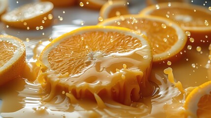 orange juice spilling with orange slices Close-up 