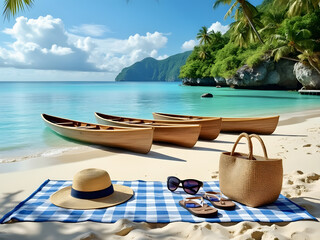 Relaxing beach scene with wooden boats, picnic setup, and sunny skies on a tropical coastline during daytime