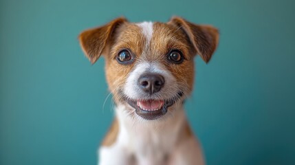 Adorable jack russell terrier smiling on turquoise background