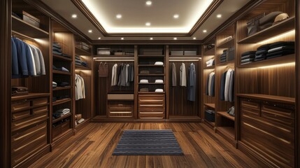 Fototapeta premium A spacious walk-in closet with dark wood cabinets, a blue rug, and a variety of clothes hanging on racks.