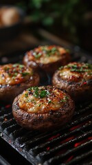 Portobello mushrooms getting grilled stuffed with cheese and herbs