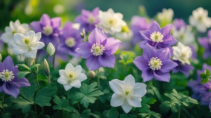 Naklejka premium Purple and white anemones blooming in the spring garden