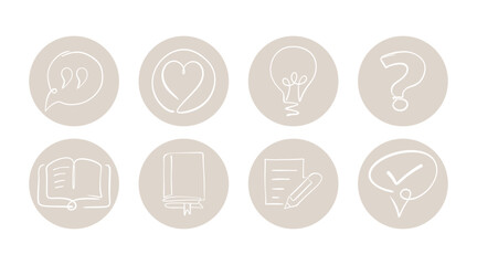 Set of eight simple line art icons representing communication, learning, and creativity concepts, including quotes, heart, ideas, and books.