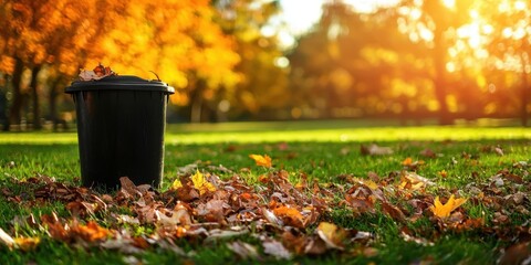 A black trash bin surrounded by colorful autumn leaves, showcasing the beauty of fall in a peaceful outdoor setting.