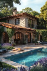 Fototapeta premium Luxury spanish hacienda with swimming pool and fire pit enjoying the sunset