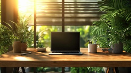 Modern Minimalist Workspace with Laptop and Coffee Cup in Light-Filled Office