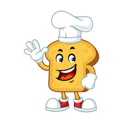 Happy cartoon toast slice wearing chef hat and waving, perfect for food and bakery businesses.