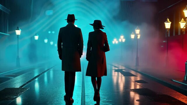 Stunning 3D render of noir detective  sexy lady on mysterious night street.