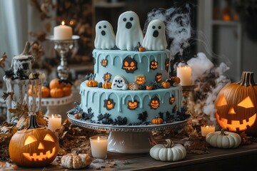 spooky halloween party spread with ghostly treats eerie cake adorned with screaming ghost cookies surrounded by carved pumpkins flickering candles and mysterious smoke on a dark table