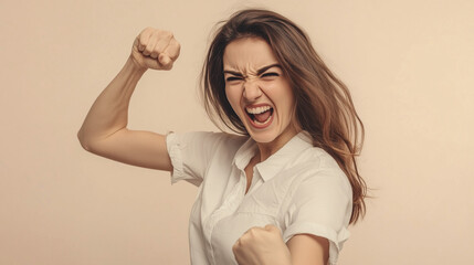 Fototapeta premium Excited woman shouting with raised fists