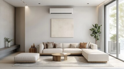 Living room with an air conditioner splitter offering balanced airflow, sleek furniture, and minimalist decor.