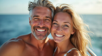Fototapeta premium Vibrant Smiling Couples Enjoying a Scenic Cruise: Images for Travel, Love, and Adventure Enthusiasts
