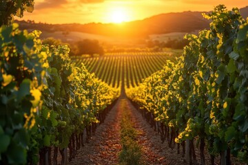 Naklejka premium sundappled vineyard with lush green grapevines stretching to the horizon golden light filters through leaves highlighting clusters of ripening fruit idyllic wine country scene