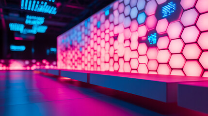 Neon Pink and Blue Hexagon Wall with Platform for Product Display