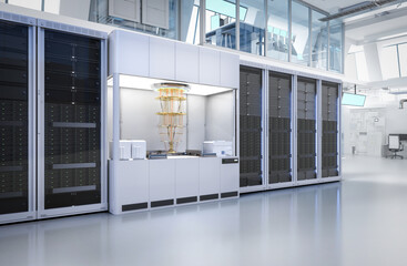 Quantum server network with quantum computer machine in server room