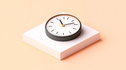 Modern 3D Clock Icon on White Platform - Isometric Vector Illustration in Minimalist Style with Flat Colors on Light Peach Background